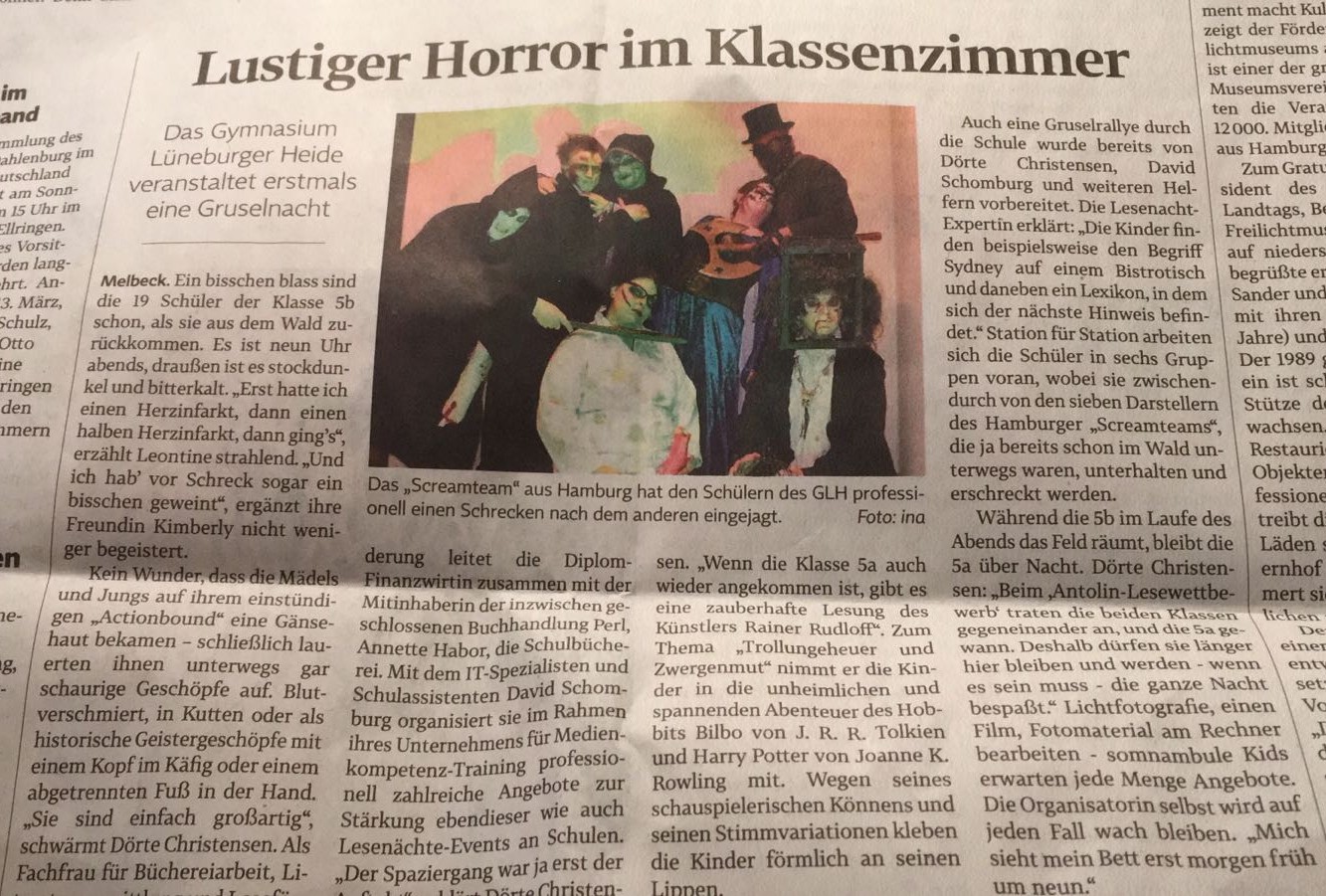 Bild des Zeitungsartikels aus den xxx mit dem Titel Lustiger Horror im Klassenzimmer vom 27.02.2017 über das ScreamTeam