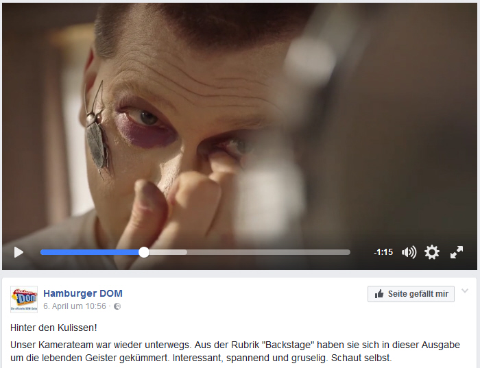 Bild des Onlineartikels auf der Facebookseite des Hamburger DOM mit dem Titel Hamburger DOM Backstage: Der Erschrecker vom 06.04.2017 über das ScreamTeam