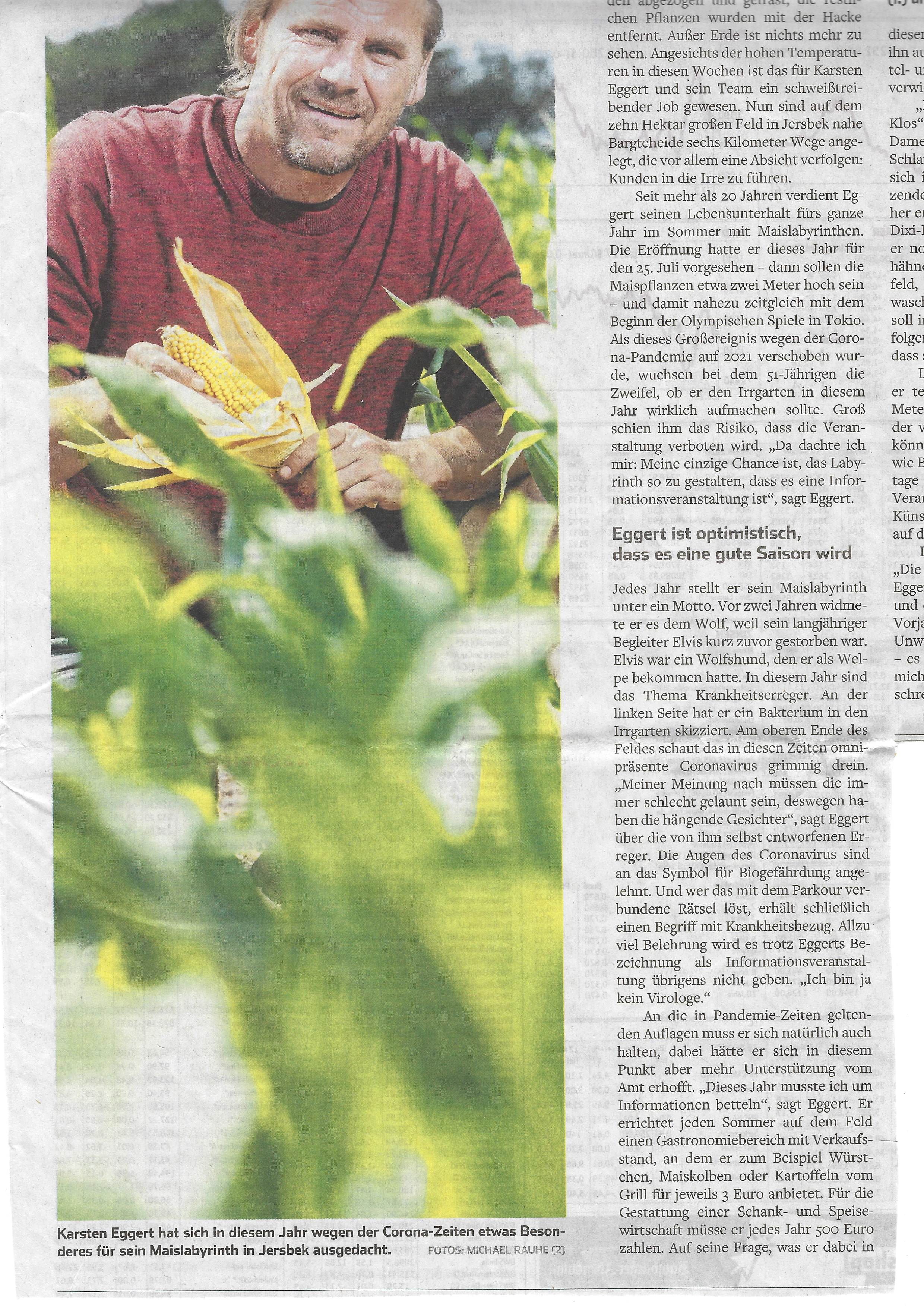Bild des Zeitungsartikel aus dem Hamburger Abendblatt mit dem Titel Zur Corona-Jagd ins Maisfeld vom 26.06.2020 über das ScreamTeam