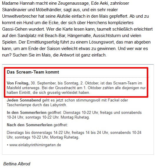 Bild des Zeitungsartikels aus den Lübecker Nachrichten mit dem Titel Mörderisches Spiel im Mais vom 19.08.2016 über das ScreamTeam
