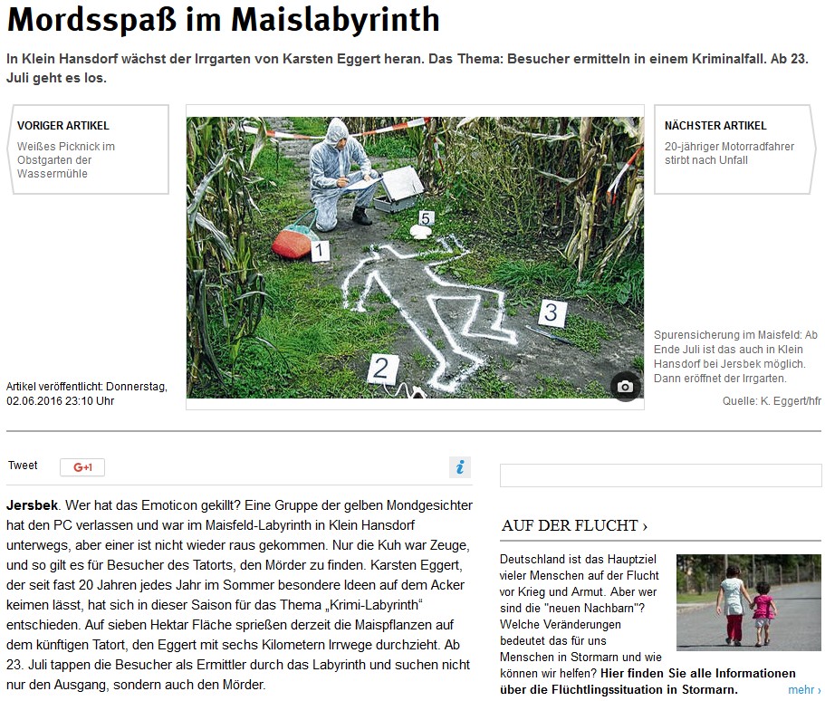 Bild des Zeitungsartikels aus den Lübecker Nachrichten mit dem Titel Mordsspaß im Maislabyrinth vom 02.06.2016 über das ScreamTeam