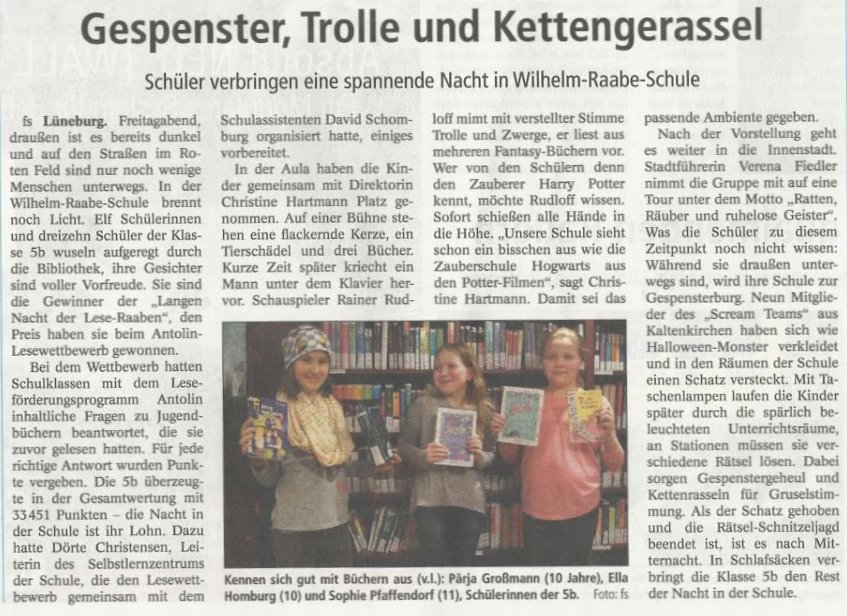 Bild des Zeitungsartikels aus der Lüneburger Zeitung mit dem Titel Gespenster Trolle und Kettengerassel vom 08.02.2016 über das ScreamTeam