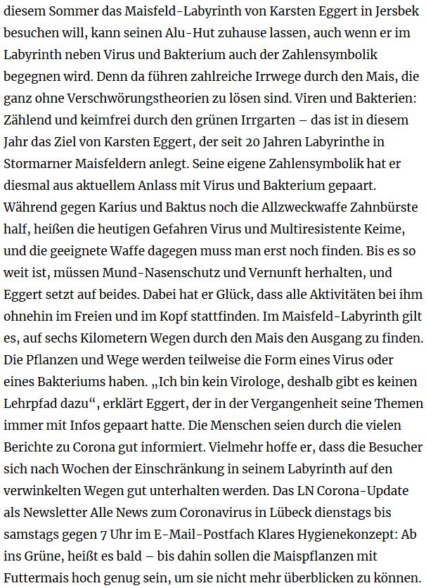 Bild des Zeitungsartikel aus den Lübecker Nachrichten mit dem Titel Eröffnung im Juli: Hier wächst das neue Maislabyrinth vom 10.06.2020 über das ScreamTeam