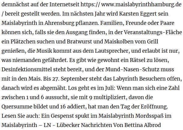 Bild des Zeitungsartikel aus den Lübecker Nachrichten mit dem Titel Eröffnung im Juli: Hier wächst das neue Maislabyrinth vom 10.06.2020 über das ScreamTeam