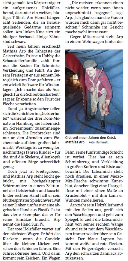 Bild des Zeitungsartikels aus der TAZ Nord mit dem Titel Der Erschrecker vom 28.03.2015 über das ScreamTeam
