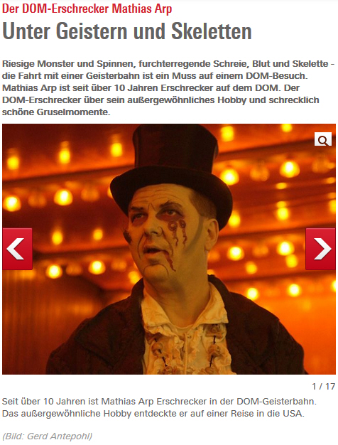 Bild des Onlineartikel auf der Homepage hamburg.de mit dem Titel Der DOM-Erschrecker Mathias Arp vom 11.04.2017 über das ScreamTeam