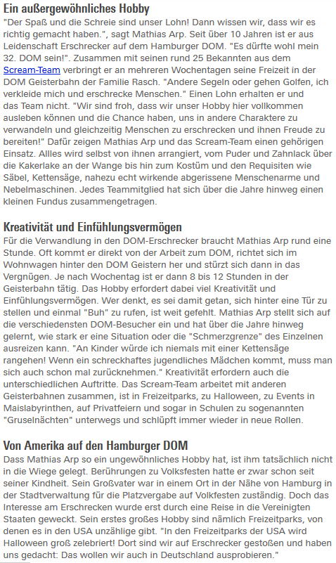 Bild des Onlineartikel auf der Homepage hamburg.de mit dem Titel Der DOM-Erschrecker Mathias Arp vom 11.04.2017 über das ScreamTeam